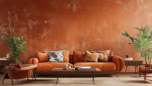 a living room with terracotta paint on the walls